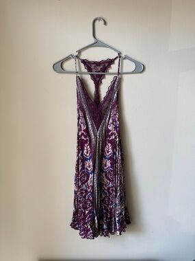 Free People Purple Lace-Trim Floral Slip Dress